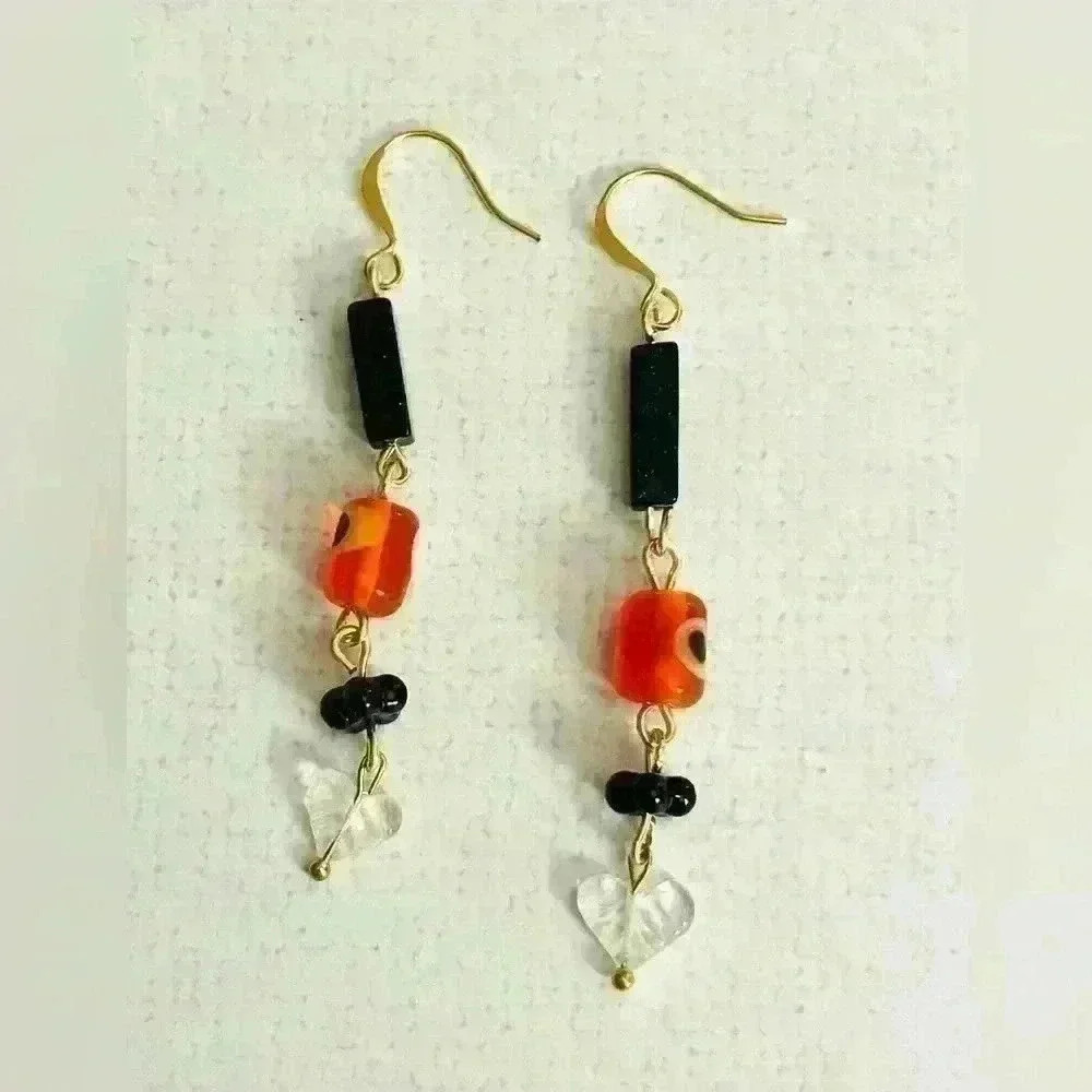 Handmade orange evil eye glass bead dangle earrings with carved quartz hearts - Picture 1 of 1
